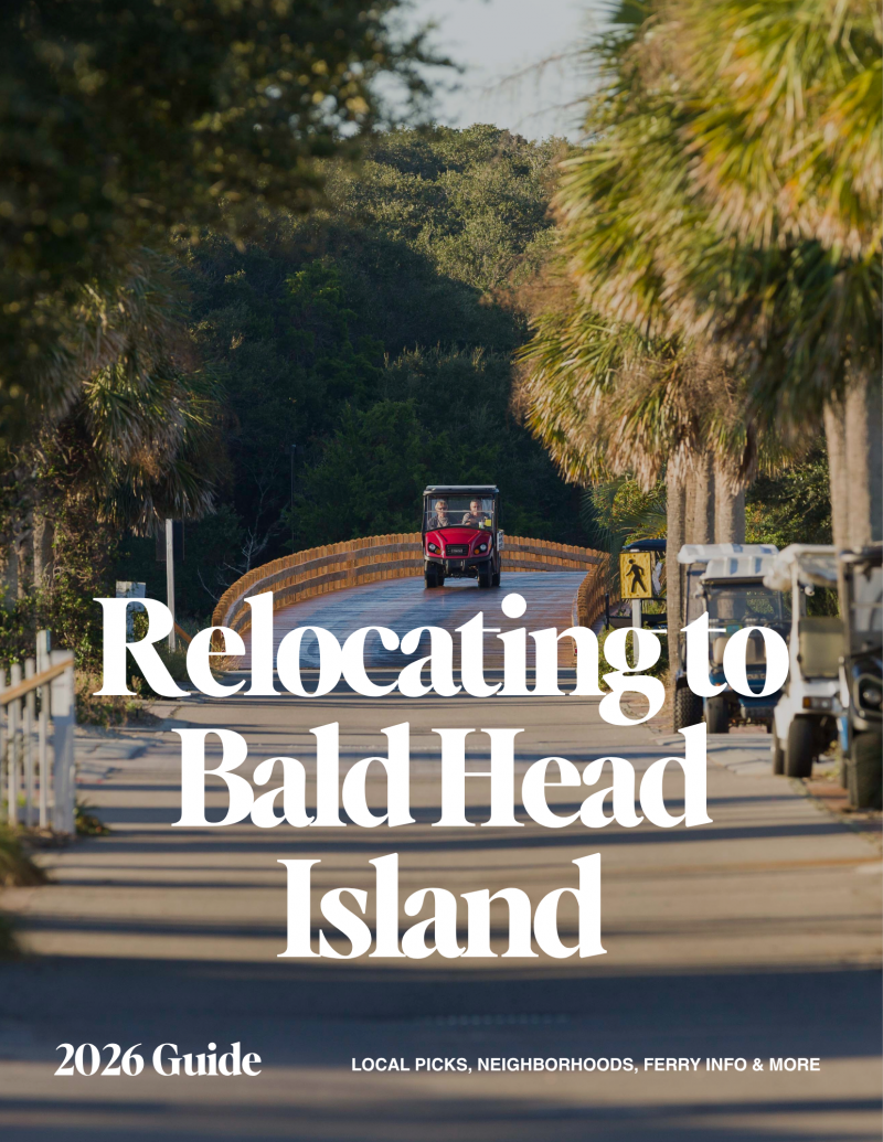 Golf cart crossing a wooden bridge lined with palm trees on Bald Head Island with text overlay reading “Relocating to Bald Head Island 2026 Guide.”